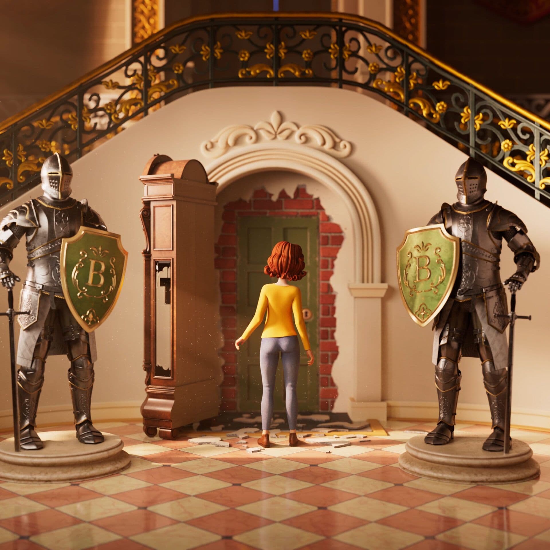 Maddie walking through a hidden doorway surrounded by armor